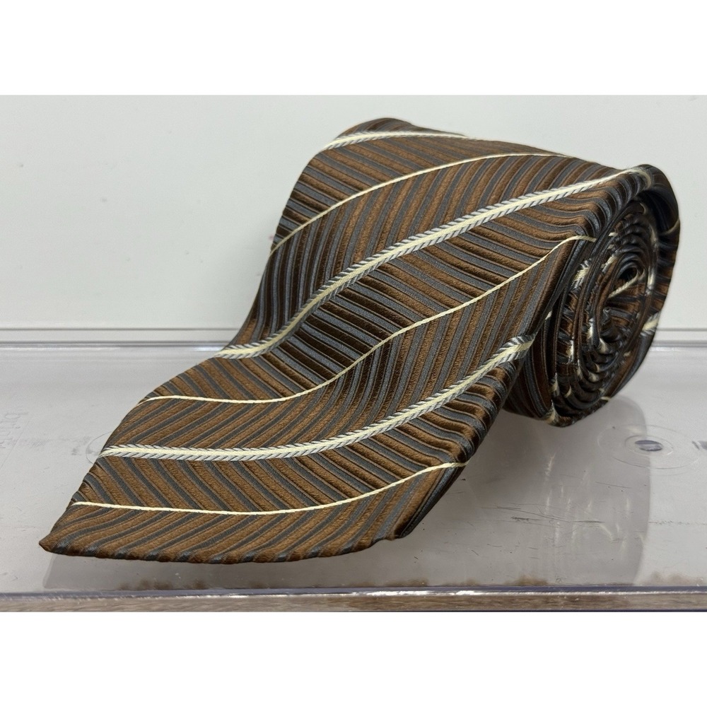ERMENEGILDO ZEGNA Men's 100% Silk Necktie ITALY Luxury CHEVRON Brown/Blue EUC